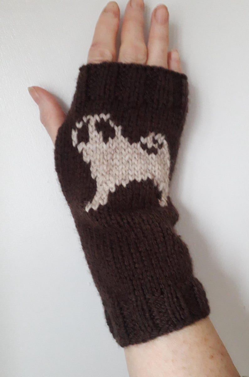 May include: Brown knitted fingerless gloves with a beige pug design.