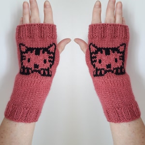 Cat fingerless gloves wrist warmers raspberry pink
