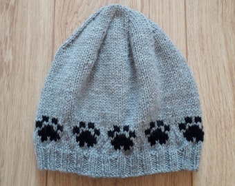 Paw print slouch beanie hat - grey with black cream or pink prints