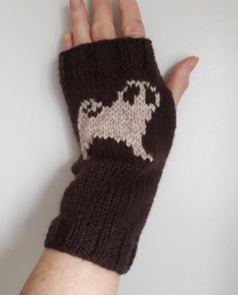 May include: Brown knitted fingerless gloves with a beige pug design.