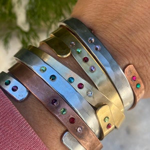 Custom Birthstone Cuff Bracelet Embellished with Swarovski Crystals in Copper, Brass, or Aluminum