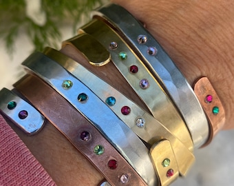 Custom Birthstone Cuff Bracelet Embellished with Swarovski Crystals in Copper, Brass, or Aluminum