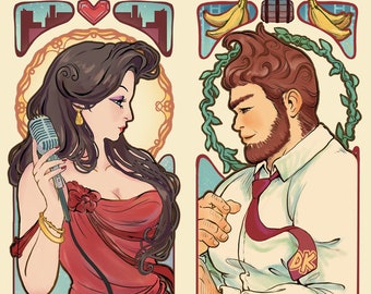 Cantante Art Nouveau • Mujer y hombre elegantes • Impresión de bellas artes