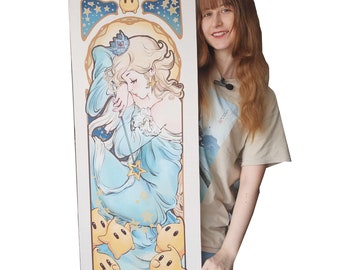 May include: A white canvas wall scroll featuring a stylized illustration of a princess in a blue dress with a crown and a star. The princess is surrounded by yellow star-shaped characters. The scroll is signed "Luhana 2013".