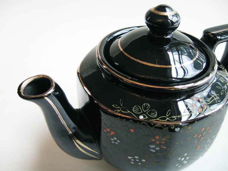 Vintage Japan Teapot. Ceramic with Black Floral / Lattice hand Etsy
