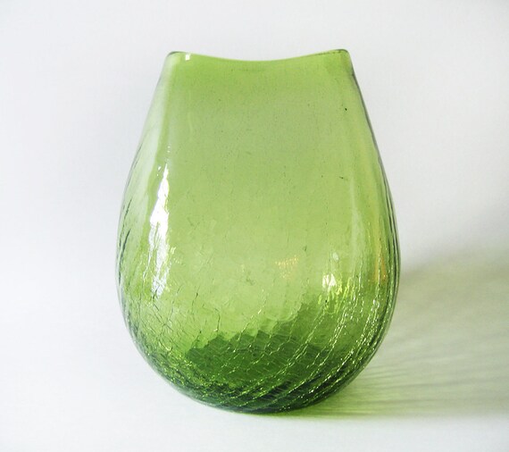 Crackle Glass Vase Vintage Mid Century Hand Blown Green Glass Etsy