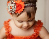 Fall Headband, Thanksgiving Headband, Fall bow, Orange & Brown Shabby Headband, Baby, Newborn, Infant, Toddler, glitter hairband, acessory