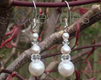 Statement Swarovski crystal white pearl & crystal rondel Sterling Silver medium drop earrings. Handmade, unique, bridal, bespoke.