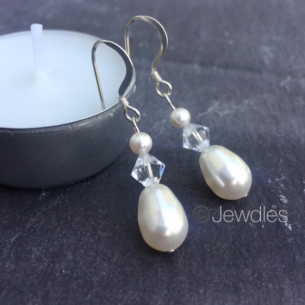 Swarovski white pearl & crystal bicone Sterling Silver small drop earrings. Handmade, unique, individual, bespoke.