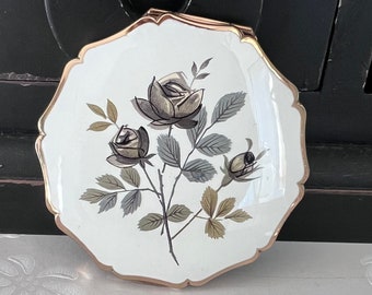 Vintage Stratton Queen Convertible Compact, 1960s, with Monochrome Roses, In Beautiful Condition