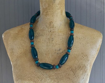 Vintage Lucite & Teak Necklace in Stunning Turquoise Tones