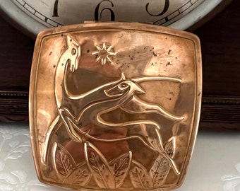 Art Deco American Elgin Compact with Prancing Gazelles in Raised Relief, Large Vintage Compact
