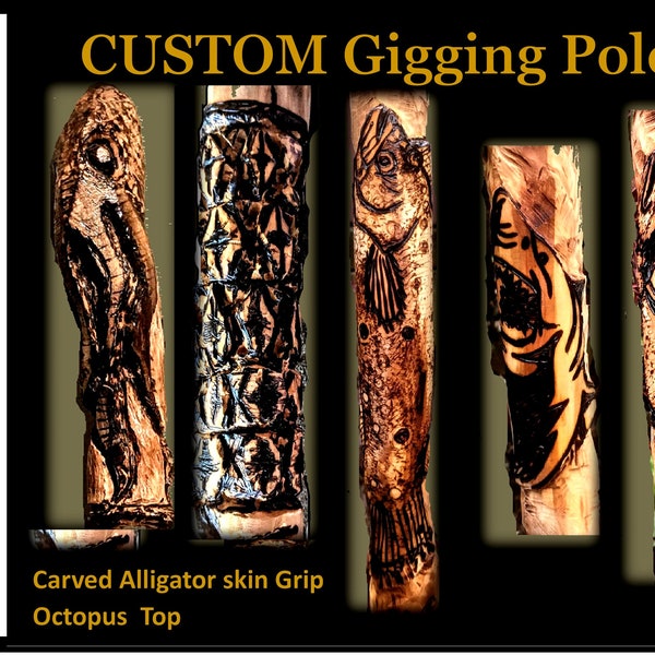 flounder gigging pole, gig pole, gigging, frog gigging, pole, carved, flounder fishing, custom, wood, personalized