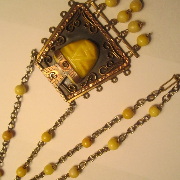 Reserved for NAN Vintage Necklace : Yellow Agate Tribal Mask on Copper .Was 32.50 cad Today 20.00 cad