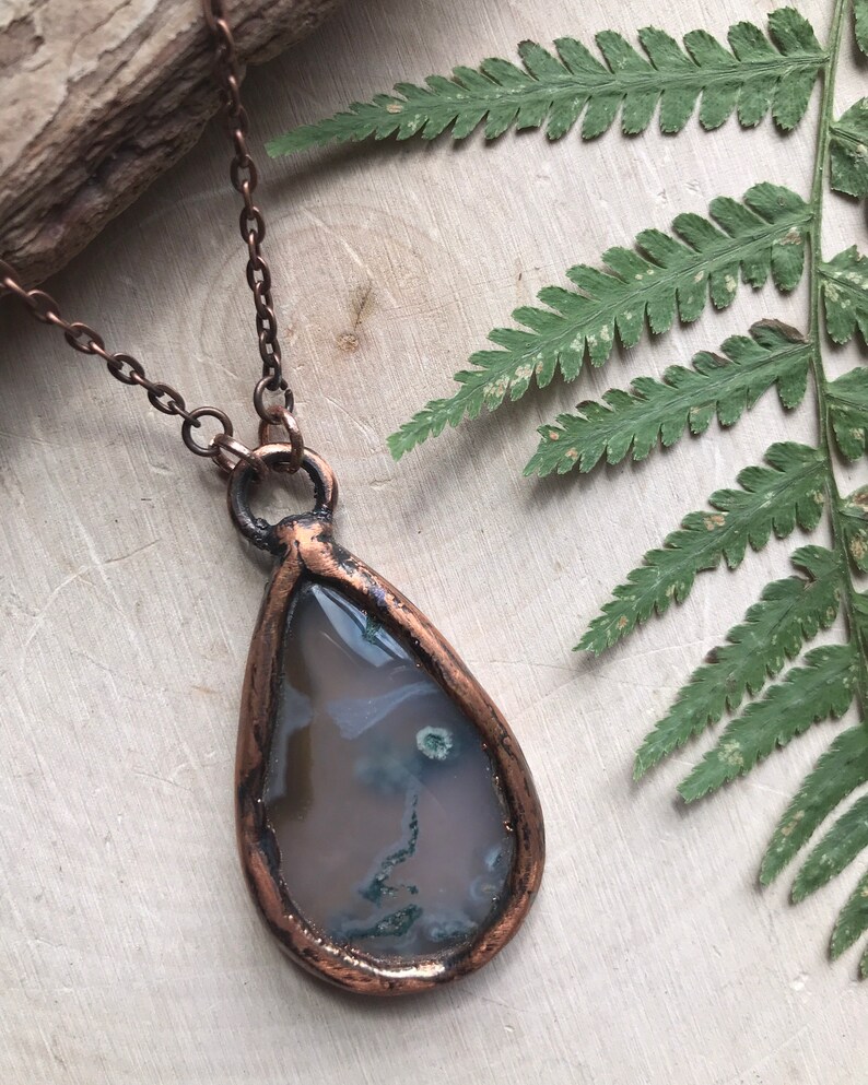 Moss Agate and Copper Necklace Electroformed Green Moss Agate Pendant Nature Jewelry Rustic Jewelry
