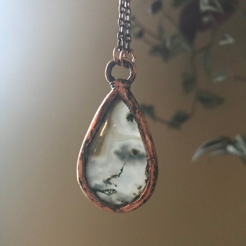 Moss Agate and Copper Necklace Electroformed Green Moss Agate Pendant Nature Jewelry Rustic Jewelry