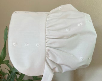 Child bonnet ivory, embroidered.  Stage Costume, House on prairie, Victorian style, book day,