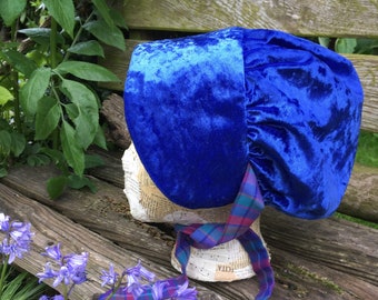 Girl's  bright blue crushed velvet  Victorian/old fashioned style bonnet with checked lining. Stage Costume.Ready to post