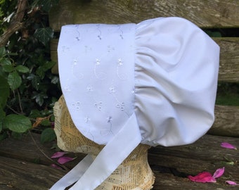 Girl's embroidered White bonnet. Broiderie Anglais  peek detail.  ideal for book day, Victorian school trips, stage. Costume