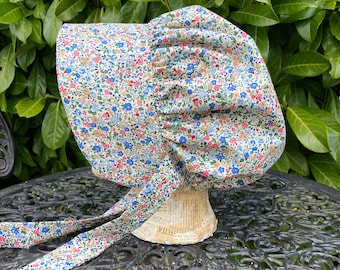 Adult Bonnet pretty floral, ivory background . Cotton. Victorian/old style Stage Costume, Theatrical
