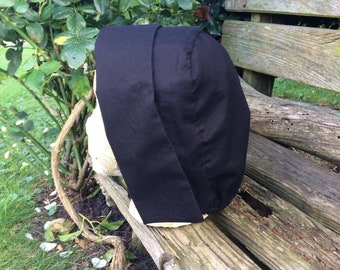 Coif style bonnet black  cotton fabric.  Adults multi-sized, Les Mis, Puritan, Prairie, Maid , Cook,  Re-enactment