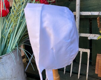 Girls coif style white bonnet.  Victorian style with ties. Bonnet, Book day, Stage Costume, Victorian school day.