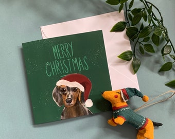 Teckel Kerstkaart - Hond - Kerstmuts - Dapple - Worsthond - Daxie