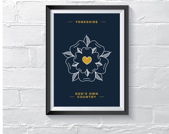YORKSHIRE ROSE PRINT, Yorkshire Rose, Yorkshire Lover, God’s Own Country, Statement Wall Art, Blue, White & Yellow,