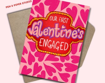 Our First Valentine's Engaged - Valentines Card - Groove - Retro - Heart Print - Greetings Card
