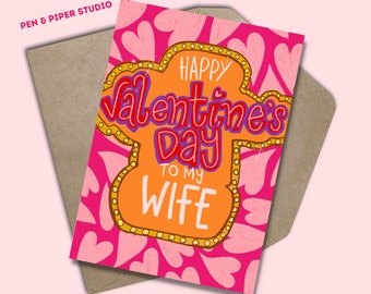 Happy Valentine's To My Wife - Valentines Card - Groove - Retro - Heart Print - Greetings Card