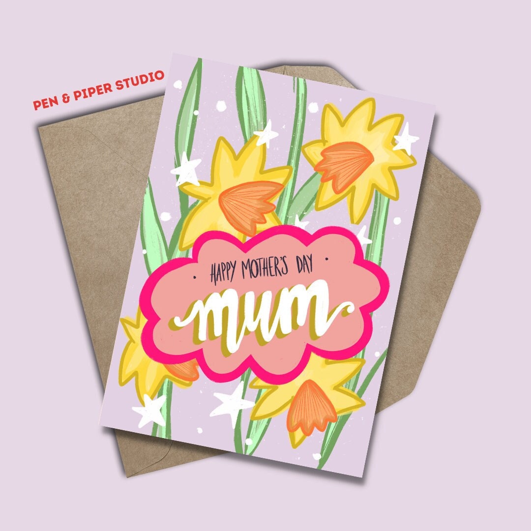 Happy Mother's Day Mum Mothers Day Card Funky Daffodil Design Bright ...