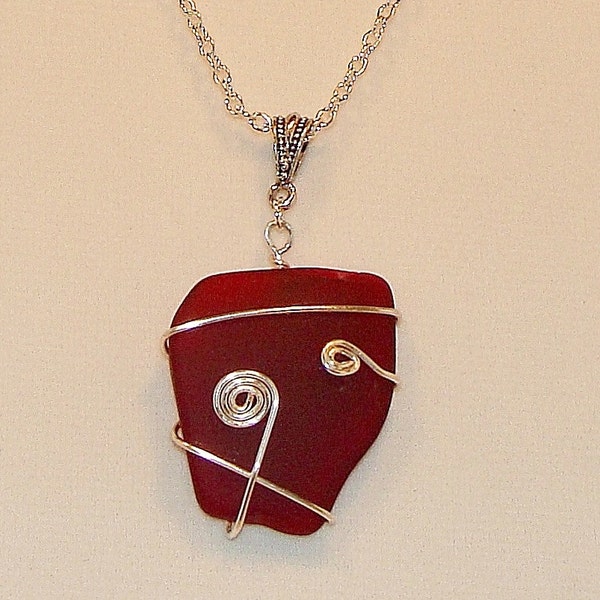 Hand Wire Wrapped Sea Glass Necklace (Red)