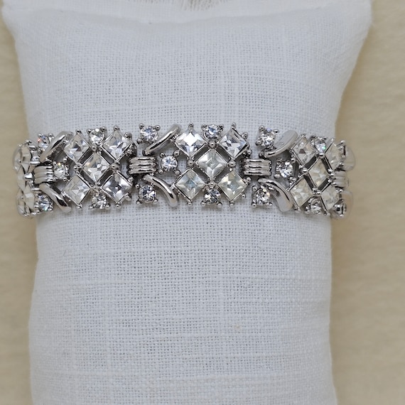 50s Crown Trifari Diamante Bracelet Silver Tone