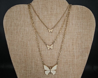 Vintage 70s Cream Enamel Butterfly Triple Layered Necklace, Gold Tone