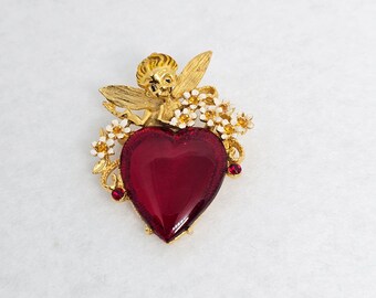 Broche vintage coeur en verre rouge chérubin doré