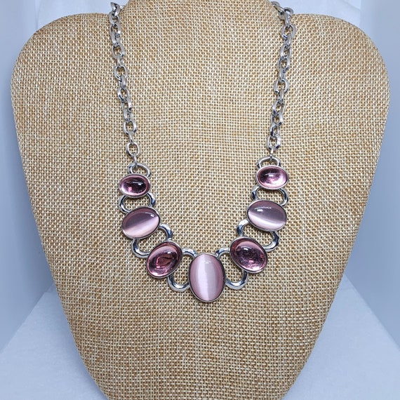 Trifarri Pink Jelly Cabochon Necklace Silver Tone… - image 1