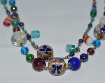 Vintage 2-strengs kleurrijke Murano-stijl glaskralenketting 23"