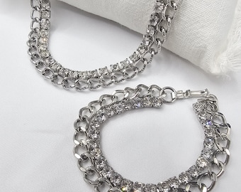 Vintage Curb Chain Tennis Style Necklace and Bracelet Set, Silver Tone