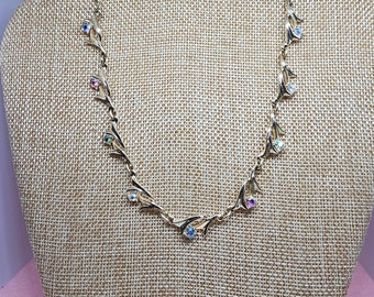 Vintage Aurora Borealis Choker Collar Necklace Gold Tone 16&quot;