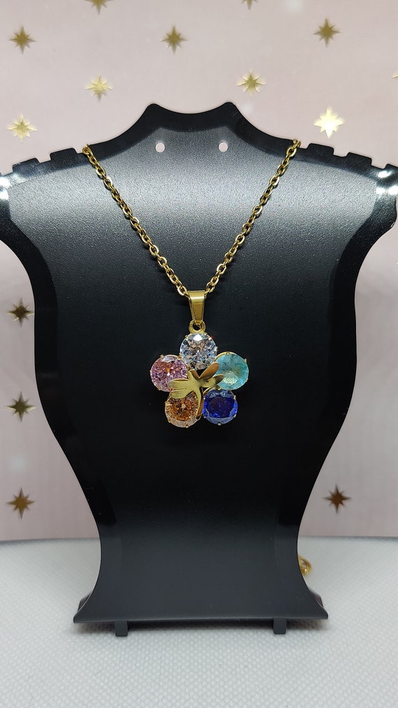 80s CZ Flower and Firefly Charm/Pendant Necklace … - image 1