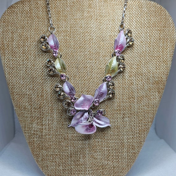 Statement Floral Necklace With Crystal Accents Silver Tone 