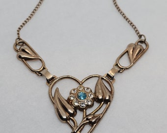 Vintage 50s Coro Floral Heart Necklace Gold Tone 16&quot;