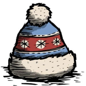 Könnte beinhalten: Eine blaue und rote gestrickte Wintermütze mit einem weißen Bommel oben. Die Mütze hat ein weißes Schneeflockenmuster auf dem roten Band.