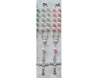 Rosary Bracelet with Pearls Cross First Communion Baby Baptism Favors Catholic Mini Rosary Pack of 6