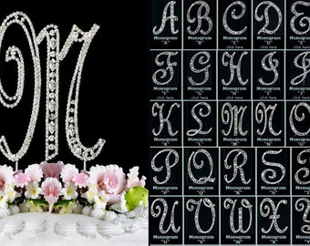 Large Silver Crystal Covered Vintage Design Monogram Cake Topper Initial A to Z Any Letter