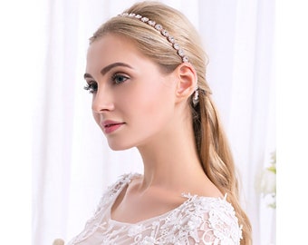 Crystal Wedding Headband Round Rhinestones Headpiece with Ivory Satin Ribbons (Rose Gold color)