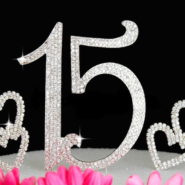 15th Birthday Cake Toppers Bling Quinceanera Cake Topper with Hearts Cake Picks