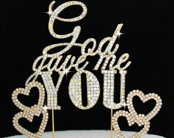 God Gave me You Crystal Cake Toppers Bling Gold Cake Topper with 2 Hearts Cake Picks