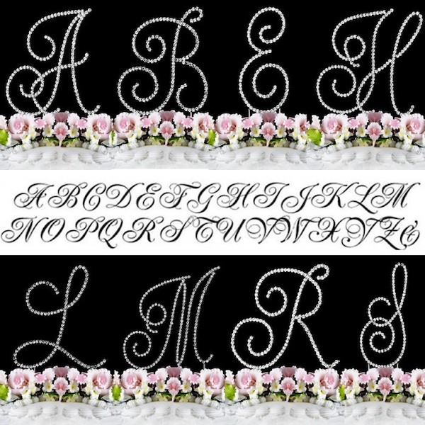 Crystal Monogram Cake Toppers Swirl script with Sparkling Crystal Silver Cake Initial A to Z Letter