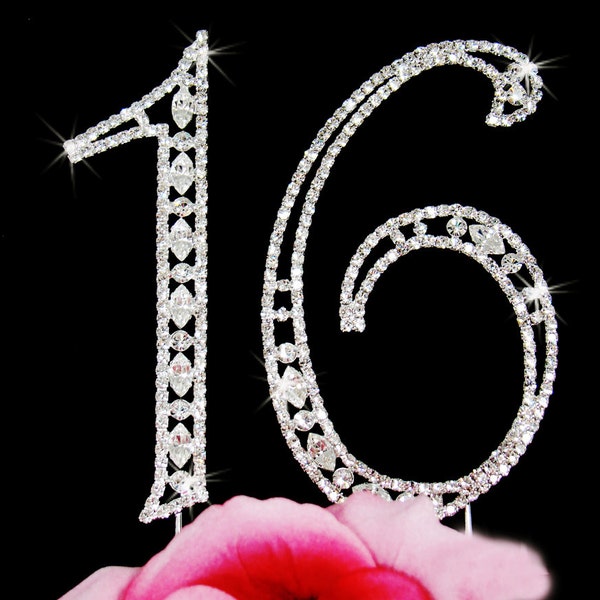 Vintage Cake Topper Number 16 Birthday Cake Topper with Sparkling Rhinestone Crystals